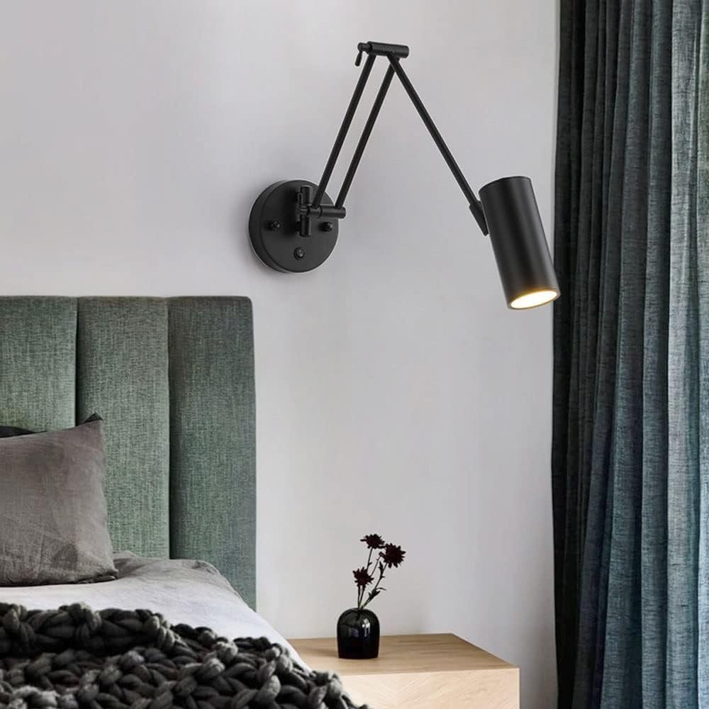 Vintage Industrial Swing Arm Wall Sconce Dimmable Switch Adjustable Gold Long Arm Wall Mounted Reading Light Black White Farmhouse Hardwire Wall Lamp for Bedroom Bedside Headboard