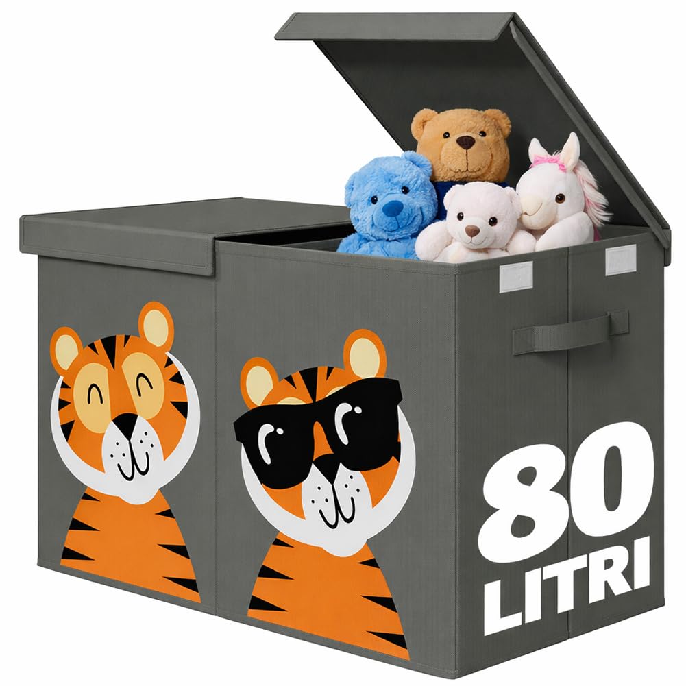 BAKAJI Box Contenitore per Giocattoli Bambini con Animali, Scatola Pieghevole Salvaspazio Capacità 80 Litri Multiuso, Organizer Richiudibile con Maniglie e Chiusura a Strappo, 62.5x31.5x40cm (Grigio)