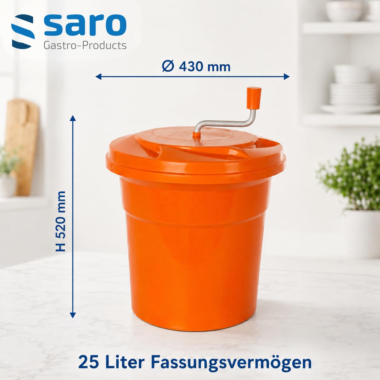 SARO Salatschleuder – 25 L – Stoßfestes Kunststoffgetriebe – Spülmaschinengeeignet – Ø 430 mm – Für schonendes Trocknen – Modell RENA 251