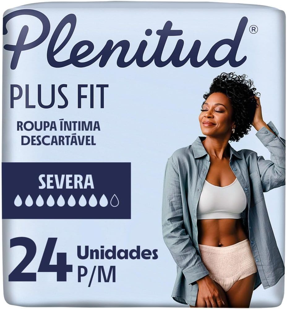 Plenitud® Plus Fit Roupa Íntima Descartável, Discreto como calcinha, Absorção imediata, Até 100% livre de vazamentos, Tamanho P/M, 24 Un