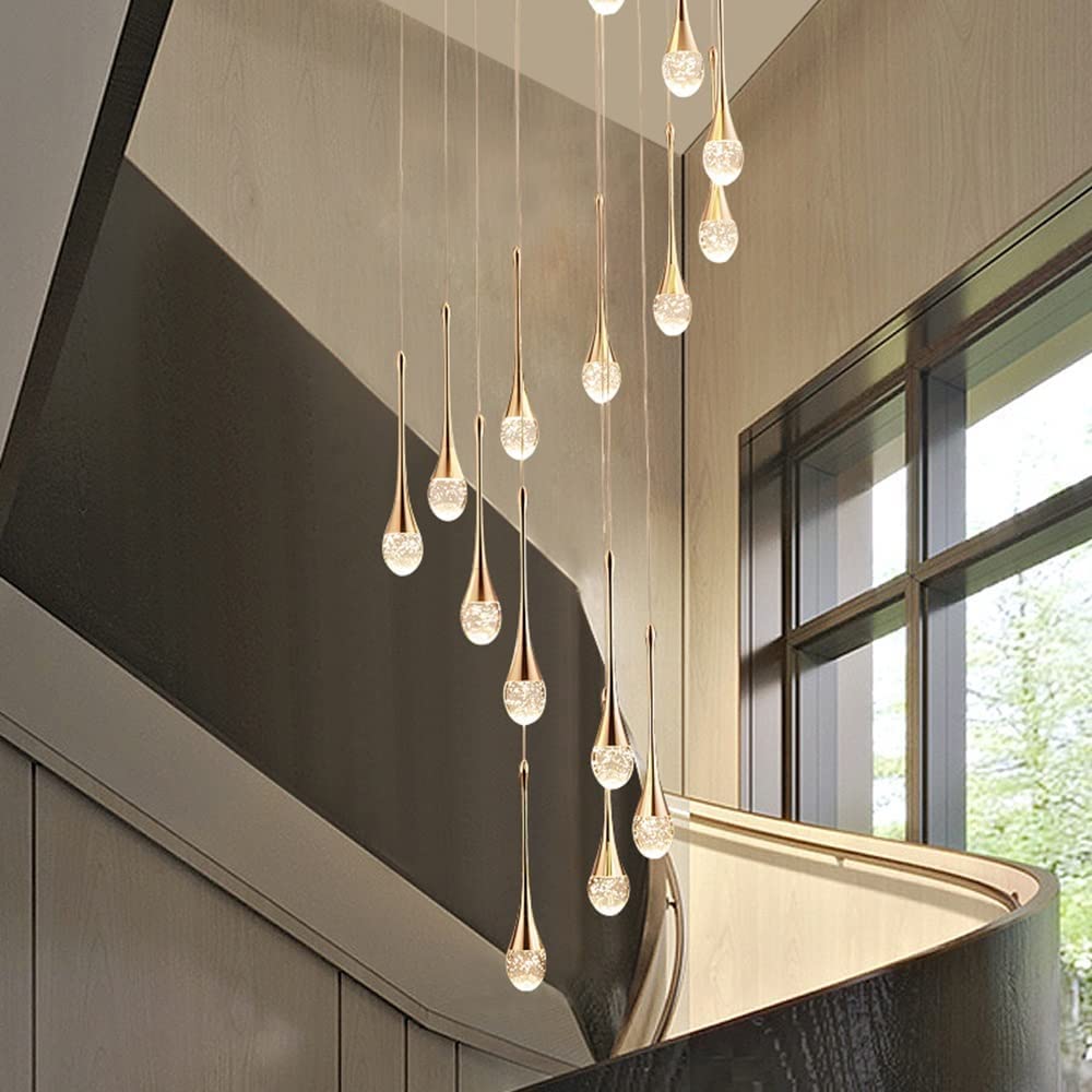 FYZDLAOR Gold Modern Spiral Chandeliers LED 3CCT Stepless Dimming Pendant Lights Raindrop Crystal Shade Dome Ceiling Fixture for Foyer Entryway Staircase Lighting