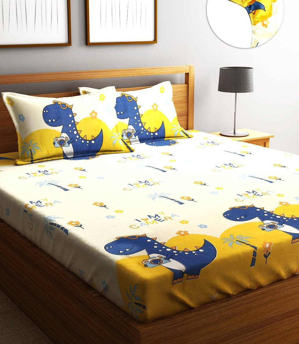 Home Sizzler 210TC Microfibre Playful Dinosaur Elastic Fitted Double Bedsheet (72X78 Inch) with 2 King Size Pillow Covers-image-26