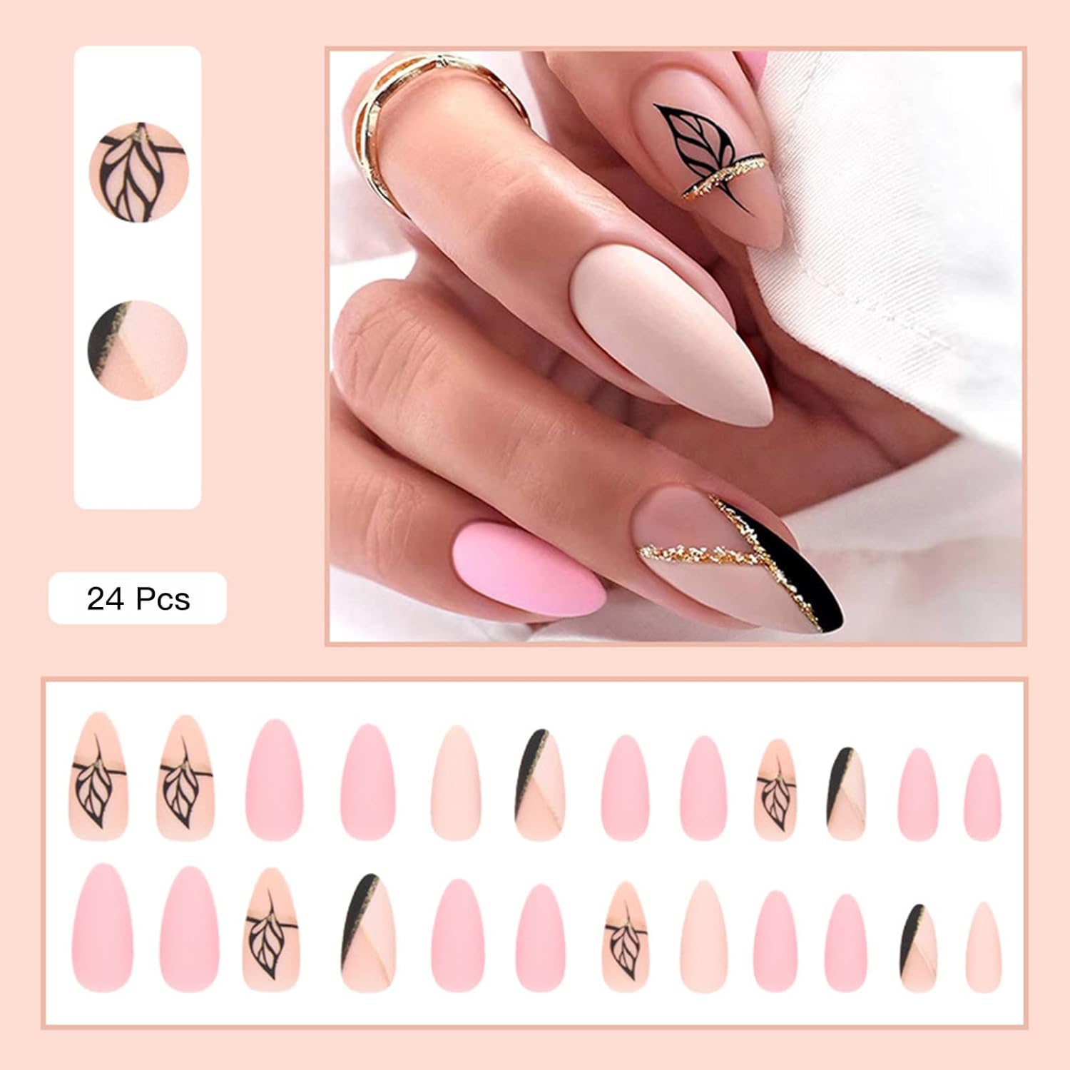 24 Pcs Almond Press on Nails Medium Length Fake Nails Pink Milk white French Tip Glue on Nails with Geometric leaves Design Acrylic Nails Luxury Matte False Nails for Women W-255