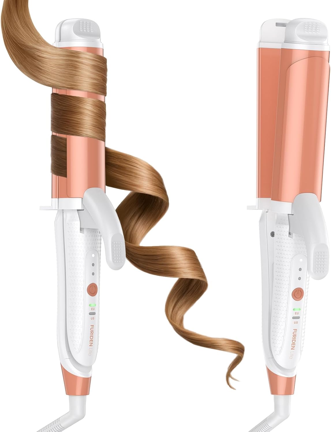 FURIDEN Lite Dual-Voltage Curling Iron: 110V-240V 1 1/2 inch Ceramic Wide Barrel 2-in-1 Curling Iron for Women - Europe Travel for Long/Medium Hair Brandied Melon
