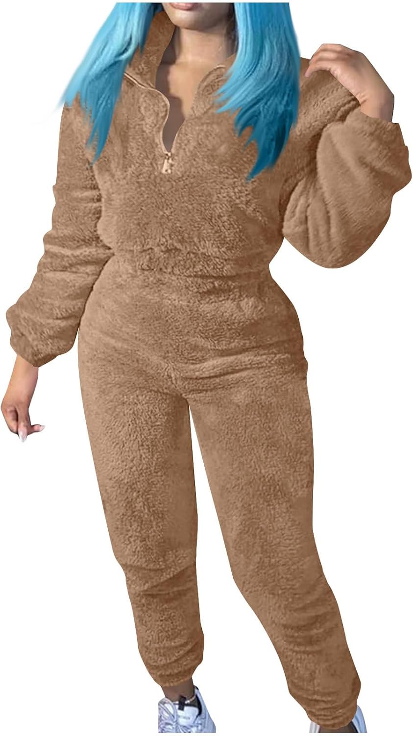 HGps8w Two Piece Fuzzy Tracksuit Sets for Women Plush Soft Long Sleeve Lapel Crop Sweatshirts Fleece Joggers Lounge Outfits