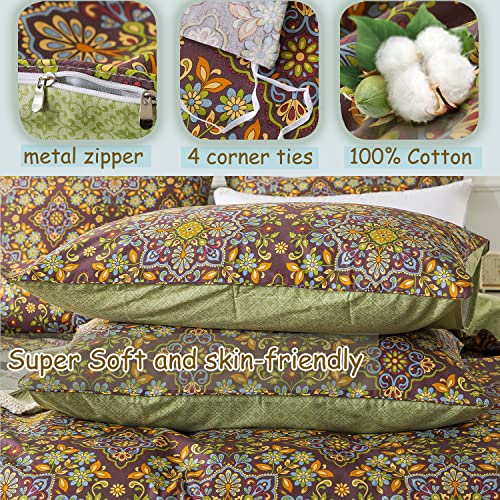 Fadfay Shabby Floral Duvet Cover Set Queen Vintage Paisley Bedding Luxurious Purple Green Bohemian Mandala Comforter Cover Boho 100% Cotton Soft Exotic Boho Quilt Cover With Hidden Zipper 3Pcs, Queen #TOP2