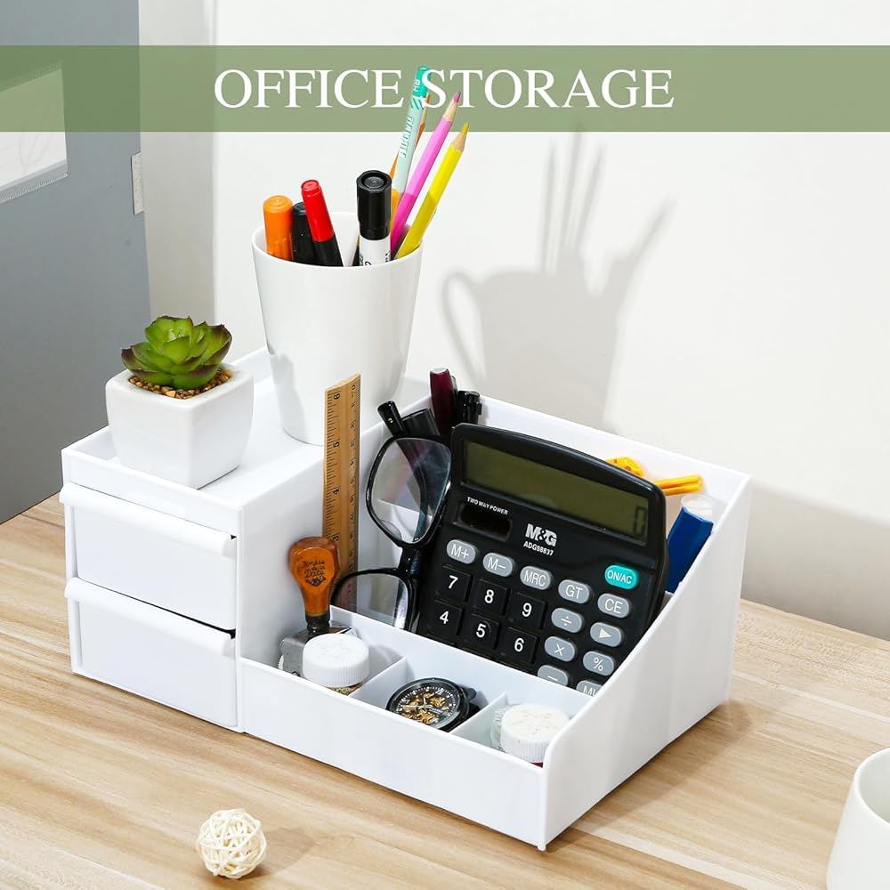 Shuttle Art Office Desk Organizer with Drawer, All in One Office Supplies and Cool Desk Accessories Pen Holder, Enhance Your Decor, Desktop 8-Compartment Laddered Desk Organizer(White) image 4