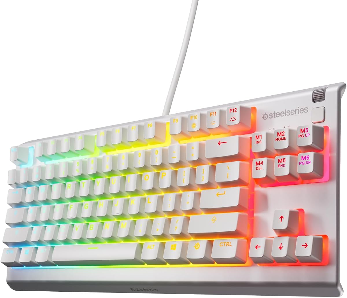 SteelSeries Apex 3 TKL White RGB Gaming Keyboard — Tenkeyless Compact Form Factor — 8-Zone RGB Illumination — Water and Dust Resistant — Whisper-Quiet Gaming Switch (Renewed)