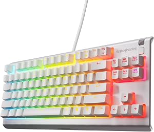 Clavier de jeu SteelSeries Apex 3 TKL Blanc RGB — Format compact sans pavé numérique — Éclairage RGB à 8 zones — Résistant à l'eau et à la poussière — Interrupteur de jeu silencieux