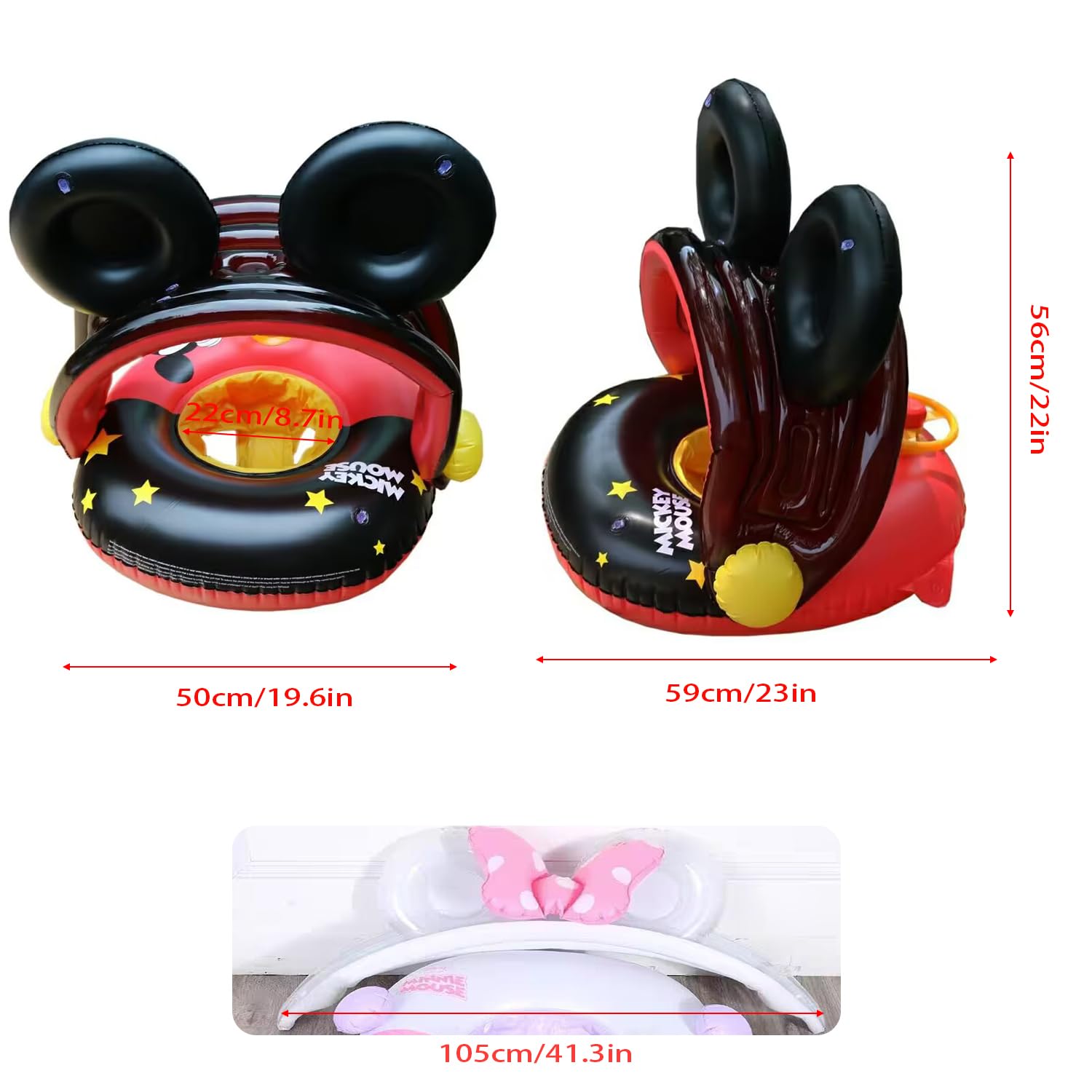 Arcimatto Baby Swimming Pool Floats with Removable Sun Protection Canopy, Inflatable Raft with Seat and Steering Wheel, No Flip Over Kids Infants Boat Swim Ring for Toddlers 4-48 Months (Red Mouse)