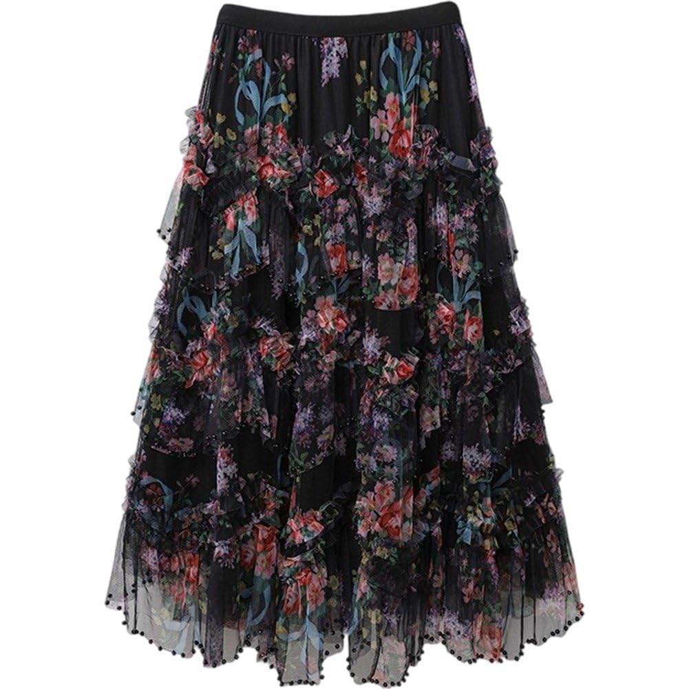 Jupe longue plissée tulle imprimé fleuri taille haute streetwear