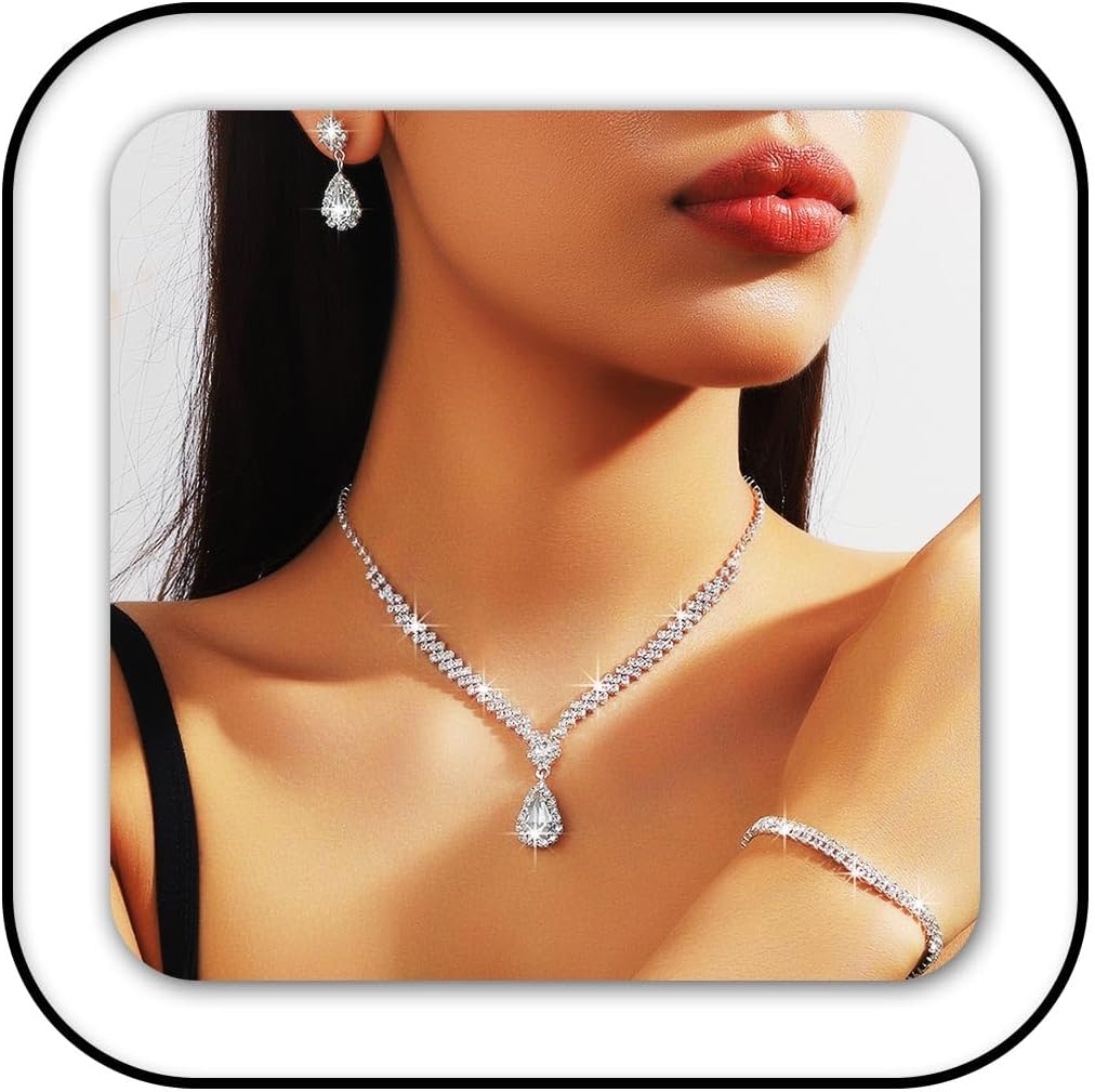 GORAIS Prom Wedding Jewelry Sets Rhinestone Bridal Necklace Earrings Bracelet Set Crystal Costume Jewelry for Brides