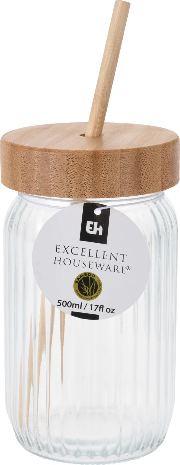 Excellent Houseware Mason Jar With Straw And Lid Bamboo 500Ml Drinking Jar