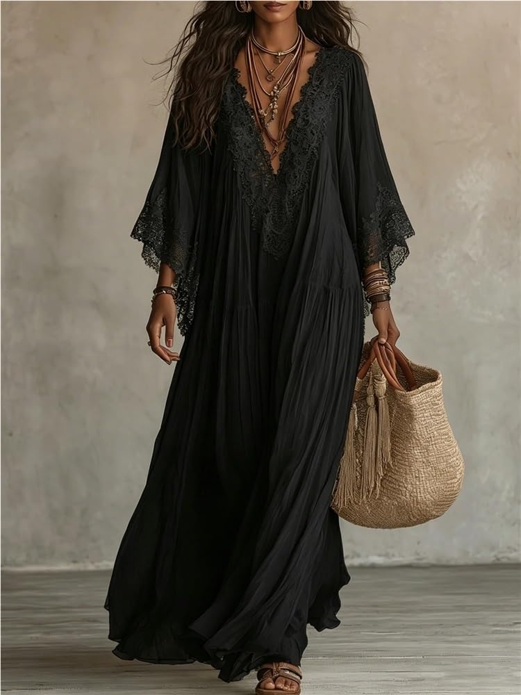 Generale Abito Maxi Crochet Donna Scollo V Maniche A Campana | Veste Lunga Stratificata Aerea Texture Pizzo Fluida Per Laurea Invitata Nozze Feste Estive