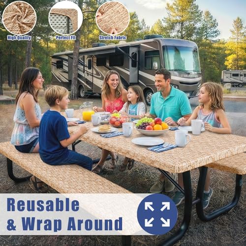 Moosfor Picnic Table Cover with Bench Covers, Elastic Fitted Spandex Tablecloths for 5 Foot Rectangle Tables, Stretch Washable Patio Tablecloth for Outdoor, Camping (Weave, 30"x60") by Moosfor - Used condition - Image 6
