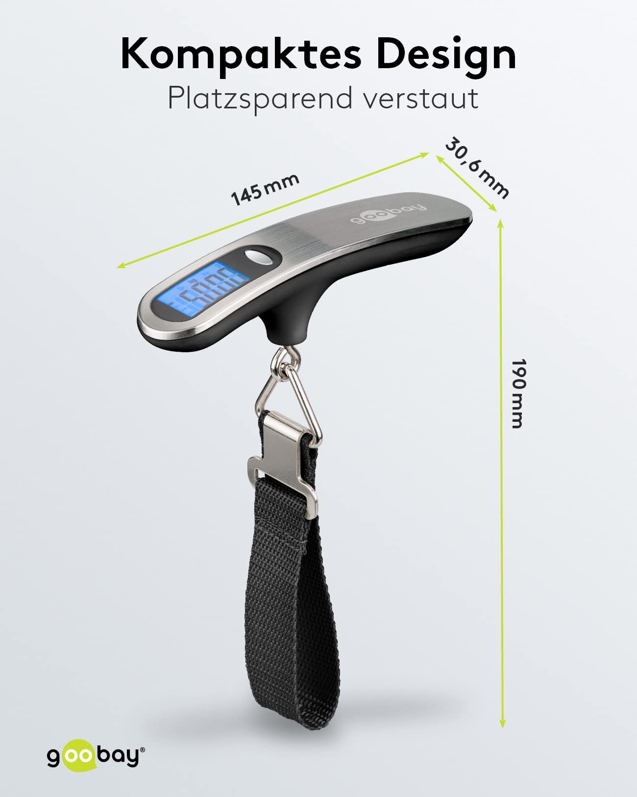 Goobay 71883 cyfrowa waga bagażowa z jasnym wyświetlaczem LCD i funkcją tary, do bagażu do 50 kg, wygodny uchwyt idealnie leży w dłoni, nadaje się do podróży/życia rodzinnego, kolor srebrny