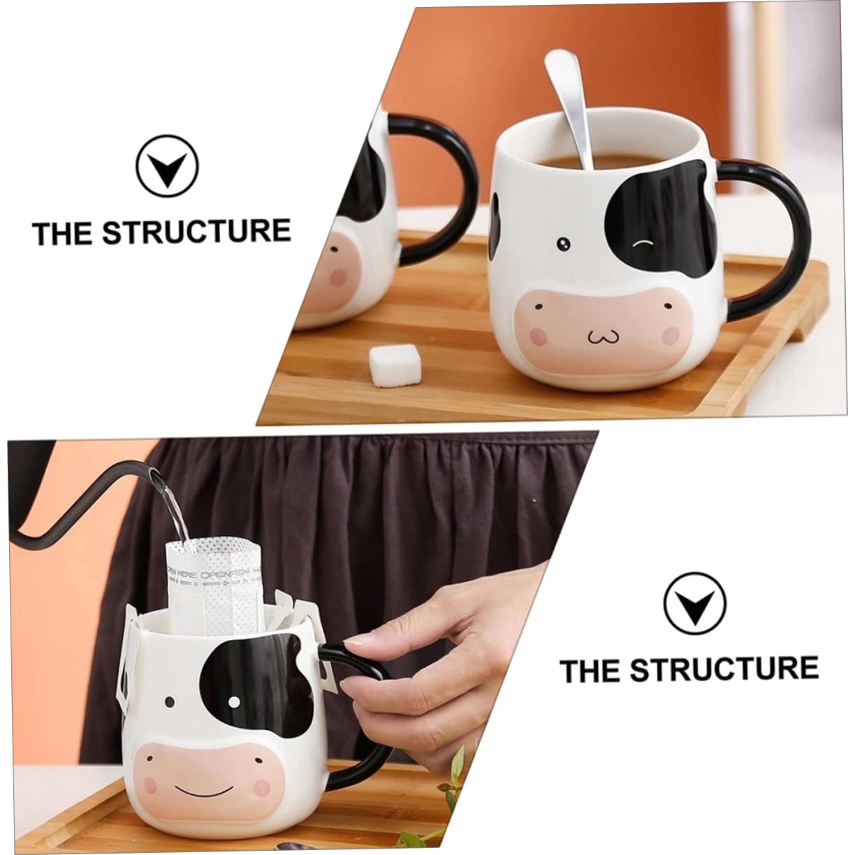 Keramik Kaffeebecher 450ml mit Deckel und Löffel Milch und Teetasse für Kinder Stilvoller Porzellanbecher mit Niedlichem Kuh Design