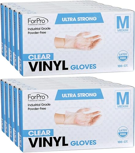 ForPro Professional Collection Guantes de vinilo desechables, transparentes, de grado industrial, sin polvo, sin látex, no estériles, seguros para