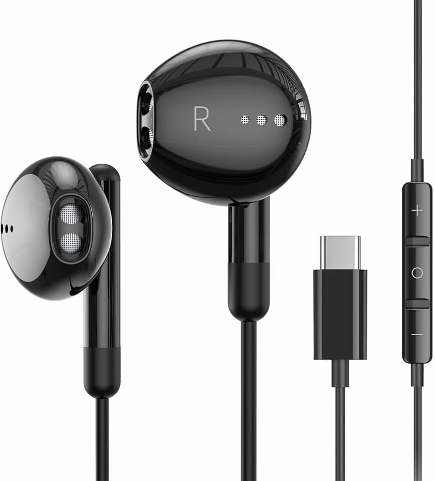 Fones de ouvido USB C para iPhone 17 16 15 Pro Max Plus, iPad Pro, USB C, fones de ouvido com microfone, controle de volume, USBC, fones de ouvido com fio USB tipo C para Google Pixel 8 Samsung S25