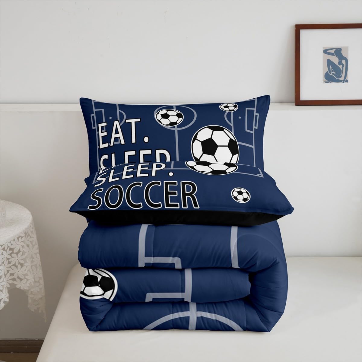 Feelyou Full Size Soccer Comforter Set Boys Girls Football Bedding Set for Kids Teens Toddler Navy Blue Duvet Set Soccer Ball Game Quilt Set 3Pcs