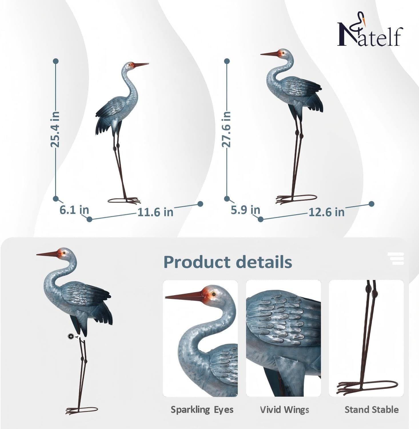 Natelf Metal Cranes Sculptures Outdoor Blue Heron Garden Statue Bird Yard Art Large Decorations for Lawn Patio Backyard Decoration