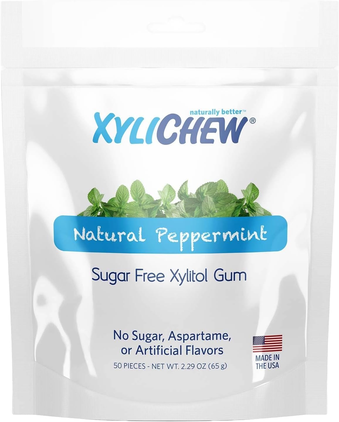 Xylichew Xylitol Gum - Chewing Gum Sugar Free, Aspartame Free, Gluten Free, Keto - Sugarless, Healthy, Natural Oral Care - Relieves Bad Breath and Dry Mouth - Peppermint, 50 Count