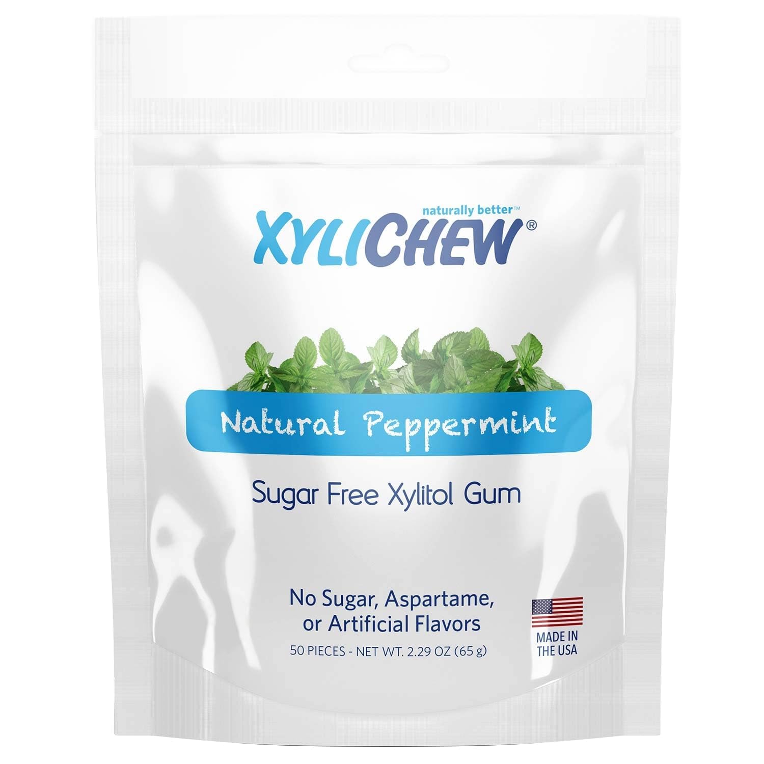 Xylichew Xylitol Chewing Gum - Non GMO, Zero Aspartame, Gluten Free, Sugar Free Gum - Natural Oral Care, Relieves Bad Breath and Dry Mouth - Peppermint, 50 Count