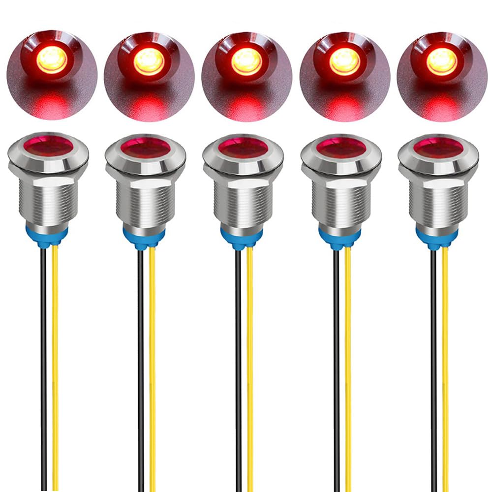 5Pcs 12mm LED Metal Indicator Light AC 110V-220V Waterproof Signal Lamp (Red)