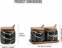 Vista 6 de 2 juegos de azucareros de cerámica de mármol con frasco de condimentos de cerámica con tapa de madera y cuchara de madera (negro y blanco)