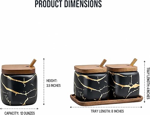 Miniatura 6 de 2 juegos de azucareros de cerámica de mármol, tarros de condimentos de cerámica con tapa de madera y cuchara de madera (negro)