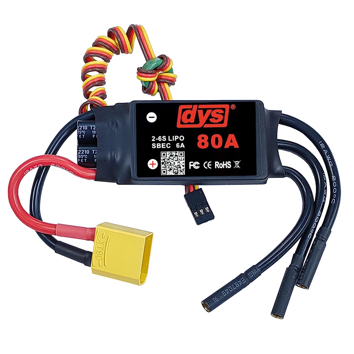 DYS 80A 2-6S Brushless ESC with 5V/6A SBEC with XT90 & 4.0mm Plug for RC Fixed-Wing Aircraft Helicopter