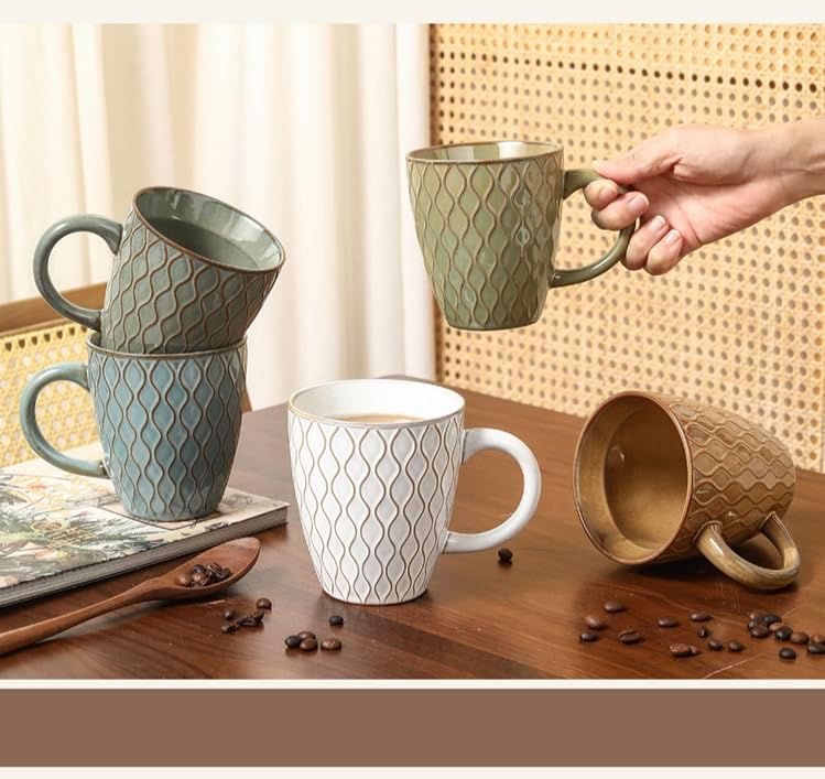 Retro embossment style Ceramics Coffee Mugs , Checkered Coffee Mug Set of 2, 15oz Espresso Cups for Beverages, Stacked Mug Set with Spoons for Housewarming Birthday Gift, Dishwasher Safe （yellow） - Image 6