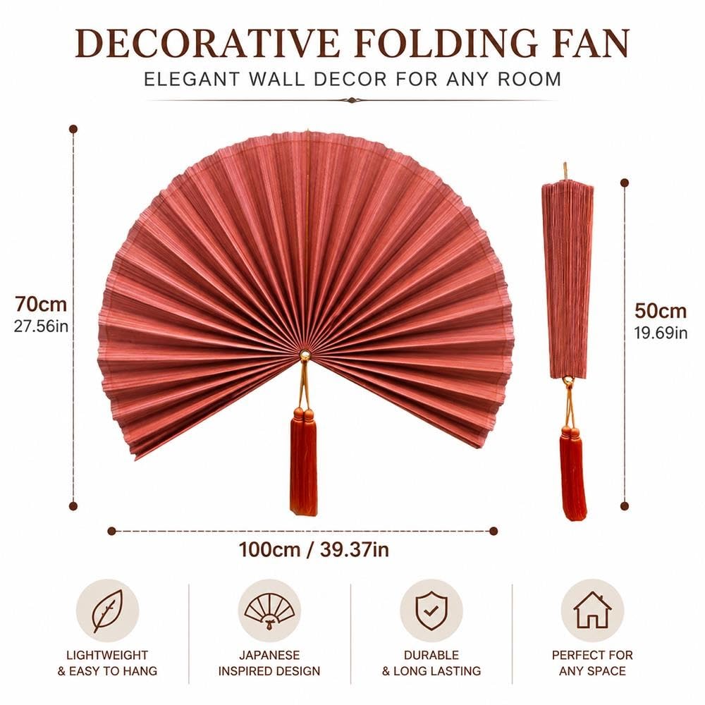 Abanico de Pared de Bambú 100cm, Decoración Japandi con Borla