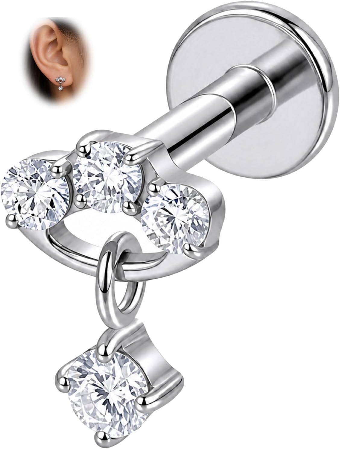 G23 Titanium Triple CZ Dangle Flat Back Cartilage Stud 16G | Hypoallergenic G23 titanium, threaded flat back, 16G with 6mm 8mm 10mm posts