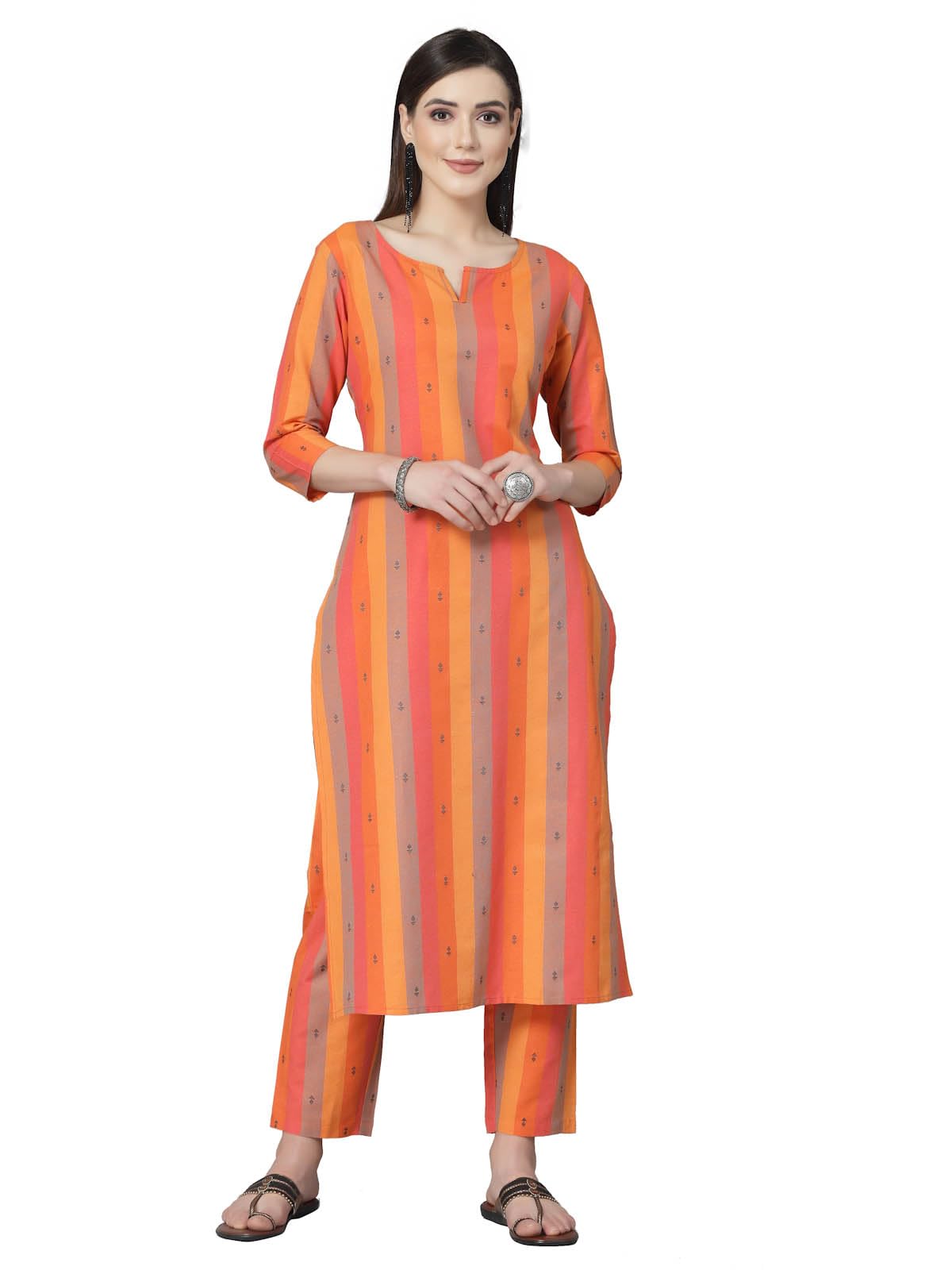 Stylum Women's Woven Design Cotton Blend Straight Kurta Pant Set (Kporangeoreo34_Orange, Xs)
