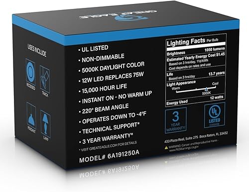 Miniatura 4 de Great Eagle Lighting Corporation Bombilla LED equivalente a A19 75 W, certificación UL, luz diurna de 5000 K, no regulable, repuesto estándar