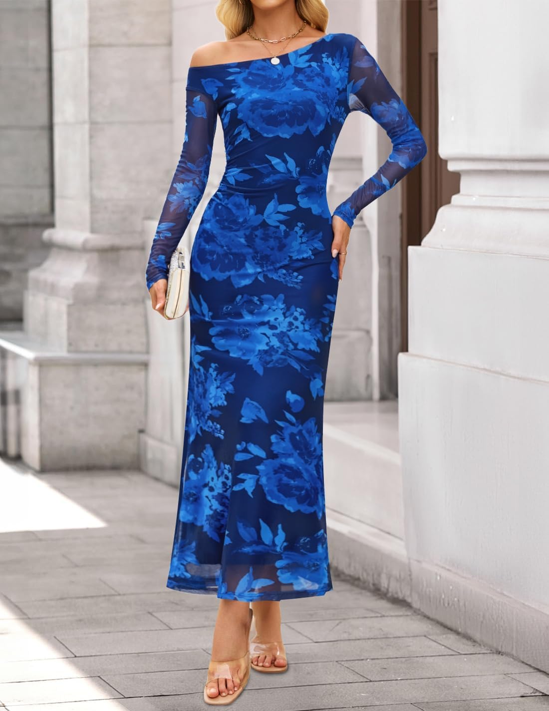 ZESICA Women's Long Sleeve Floral Maxi Dress 2026 Fall Off Shoulder Bodycon Ruched Mesh Cocktail Wedding Guest Dresses - Image 2