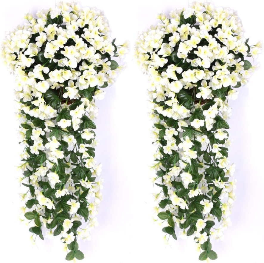 Artificial Hanging Flowers for Outdoor, 2 Pack Violet Ivy Fake Hanging Flowers for Outdoor Home Wedding Garden Yard Hanging Baskets Wisteria Garland Orchid Bunch Decoration(White)