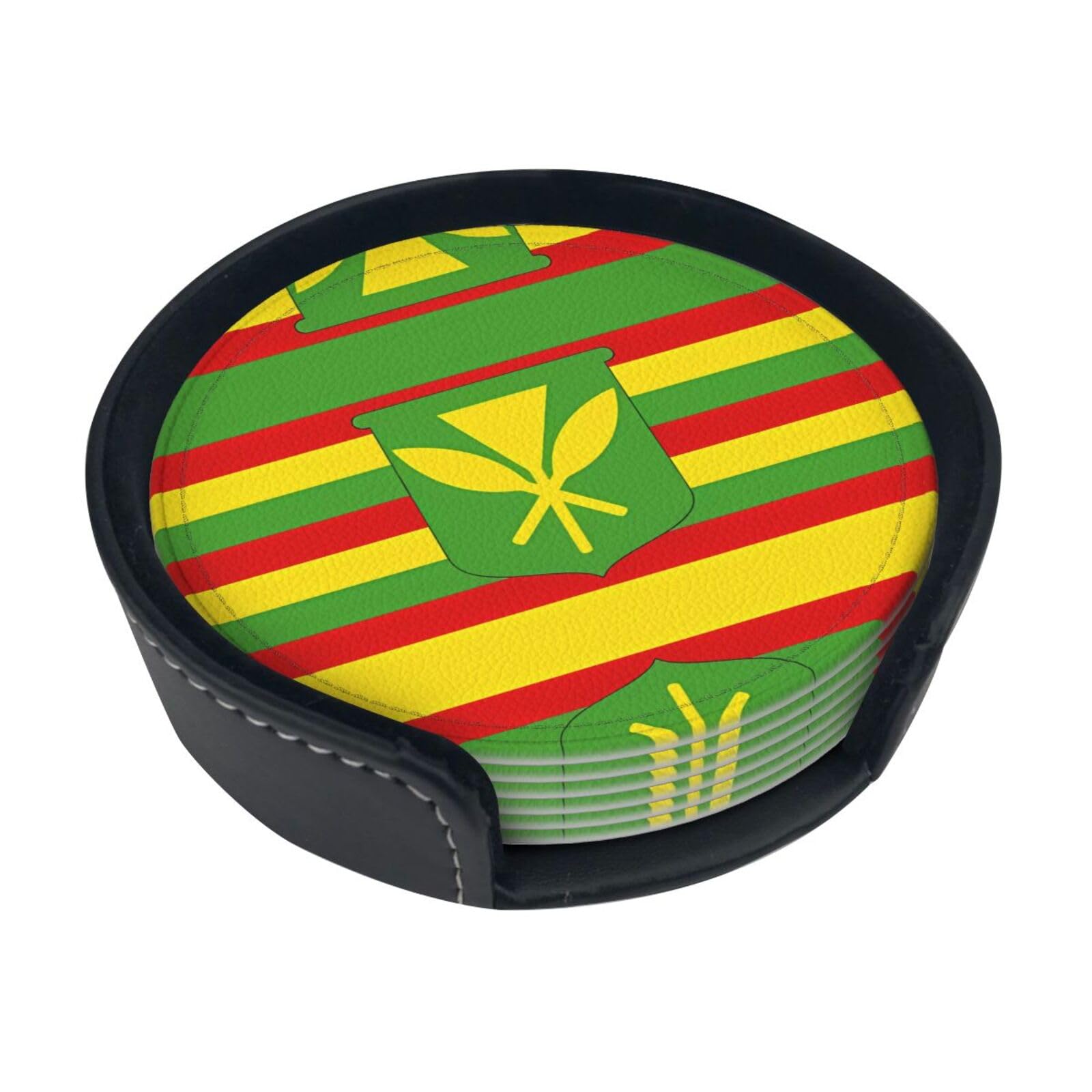 Native Hawaiian Flag Printed Coaster Set, with Holders, 6 Pieces. Suitable for Dining Tables, Kitchen Decor, and Coffee Tables.
