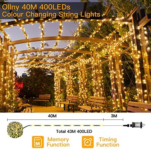 Ollny Outdoor Christmas Tree Lights - 40M 400 LED Fairy Light Christmas Decorations Waterproof String Light with Green Cable Timer Remote Control 11 Lighting Modes for Outside Garden Window