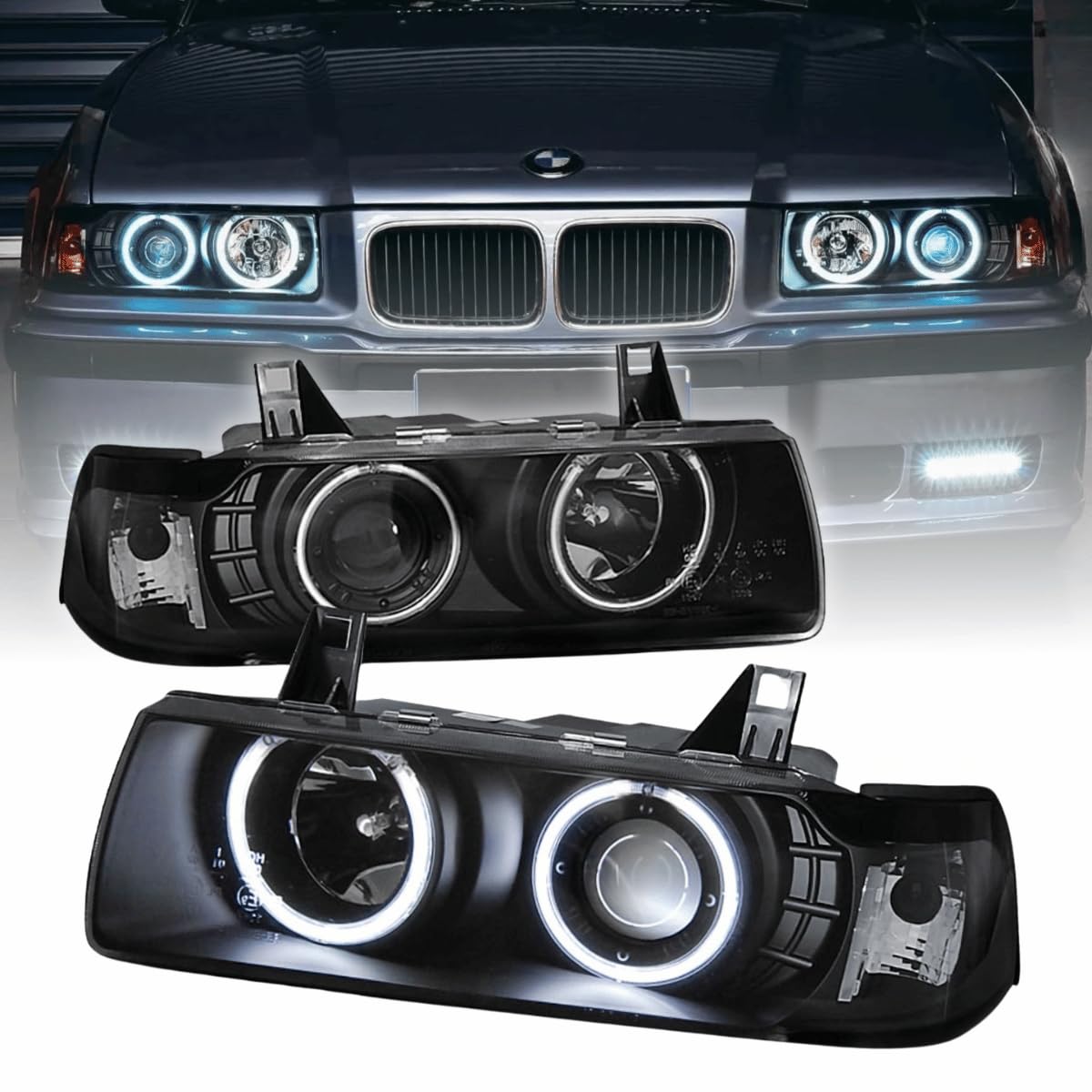 Scheinwerfer Set in schwarz für BMW 3er E36 Coupe Cabrio 12/1992-08/1999 CCFL Angel Eyes 2 Türer