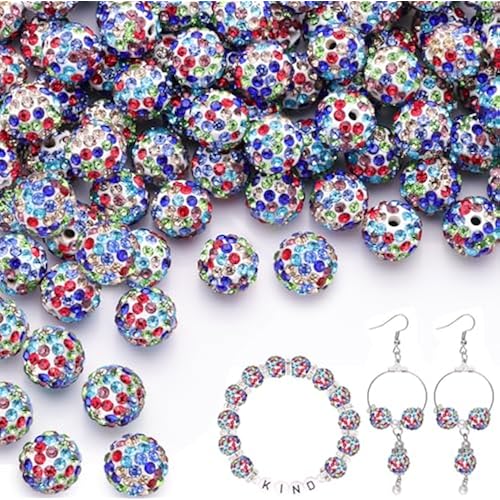 200pcs 10mm White Mixed Rhinestone Beads for Jewelry Making, Shiny Round Shamballa Disco Ball Beads, Sparkle Crystal Clay Christmas for Bracelet Baseball Necklace Earring Crafting and DIY
