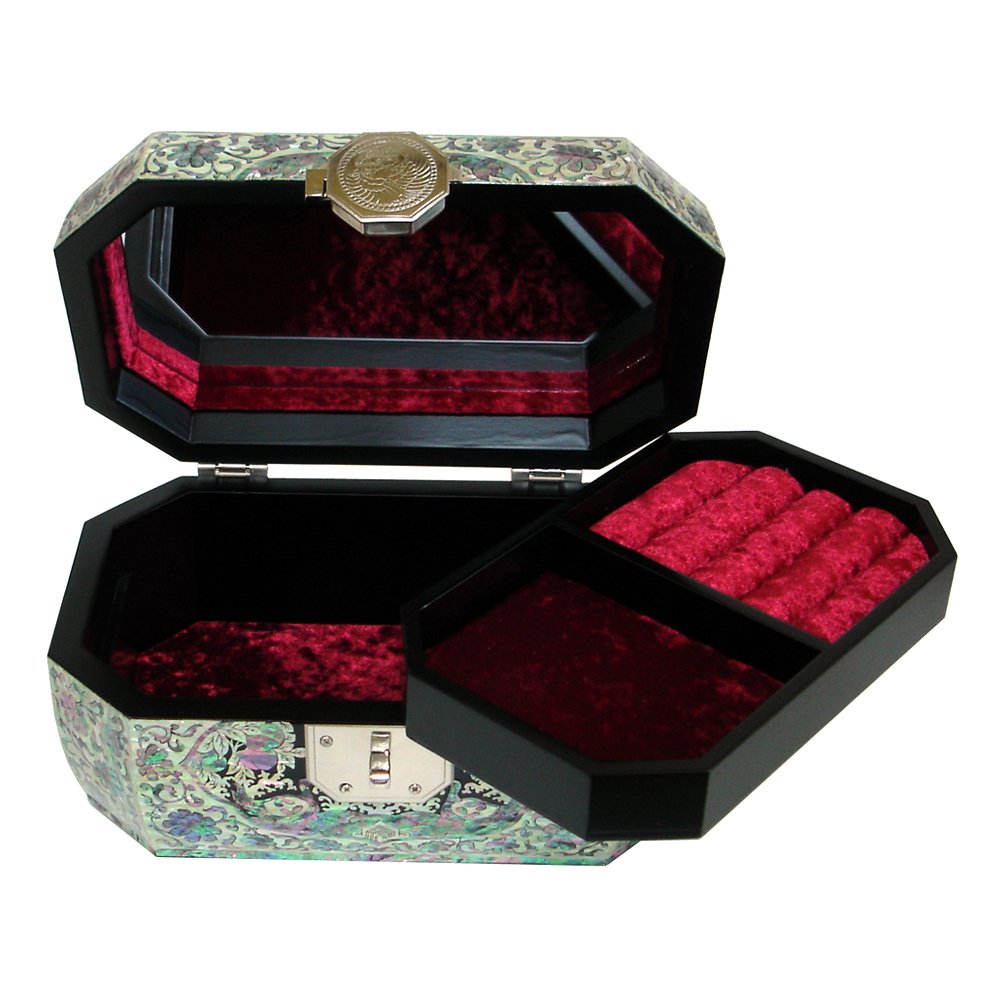 Boîte Octogonale En Bois Marqueté Nacré - Intérieur Velours Rouge, Vintage, Très Bon état