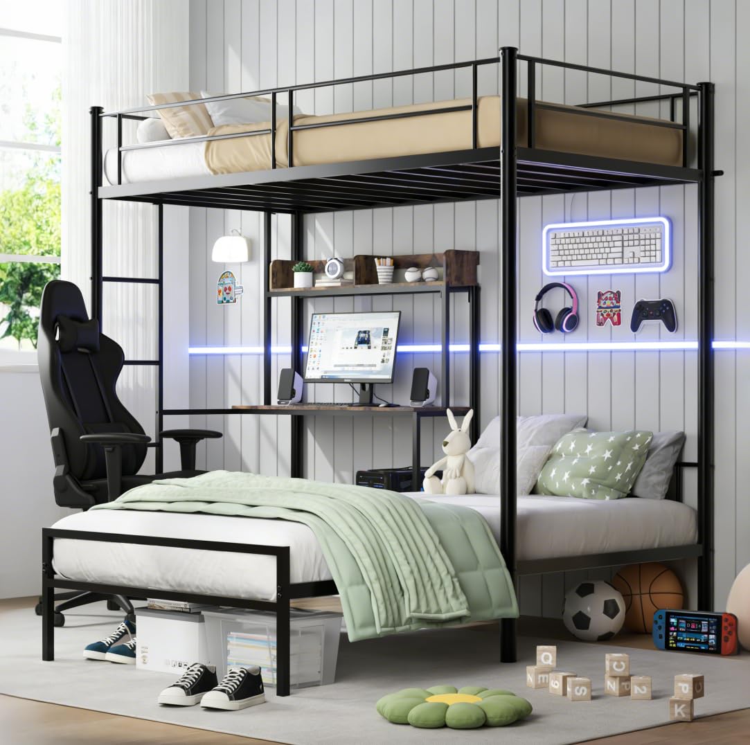 Bellemave Twin Over Twin bunk Bed with Desk, loft Bed with Desk and Shelves, Twin Over Twin Metal Bunk Beds with Charging Station, Black