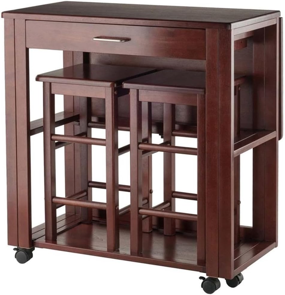 Pemberly Row 3-Piece Solid Wood Drop Leaf Dining Set, Walnut Finish, 31.73" H x 30.63" W x 31.57" D, Compact Space-Saving Design, Rolling Casters, Transitional Style for Kitchen or Breakfast Nook Use