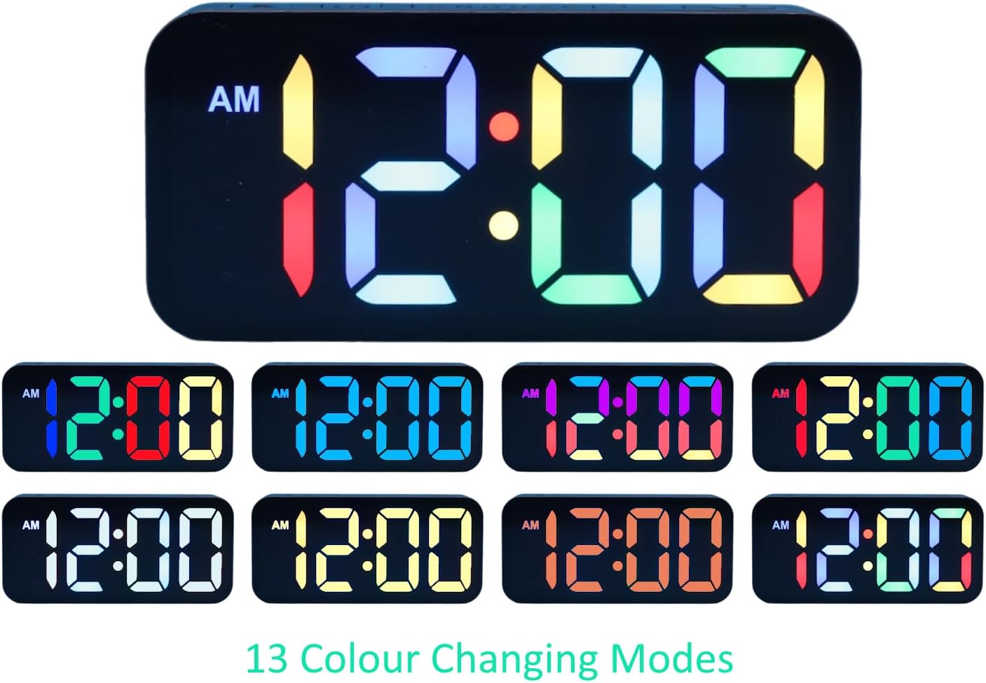 Digital Alarm Clock with Colour Changing Display, 13 Display Modes, 3 Alarm Volumes, USB-C Charging Port (Gray)