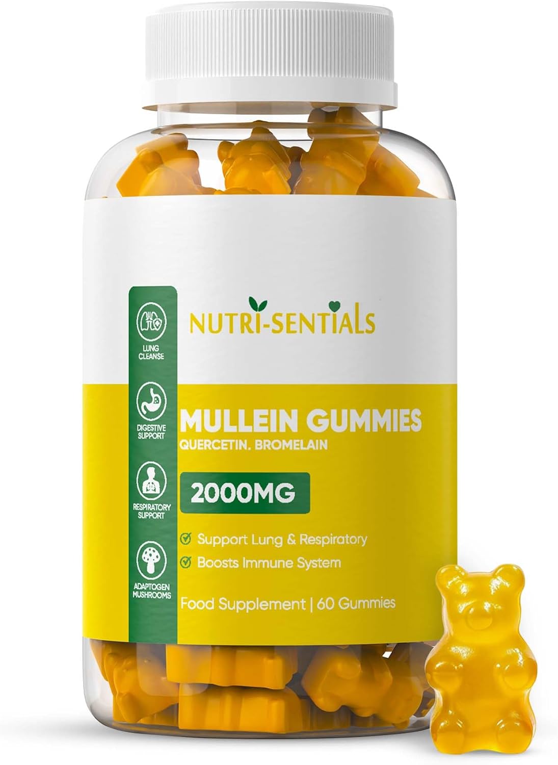 Mullein Gummies 2000mg – Respiratory Lung Health Supplement with Adaptogen Mushrooms, Mullein Leaf Extract – Natural Lung Cleanse for Adults, Vegan & Non-GMO | Immune Boost 60 Gummies