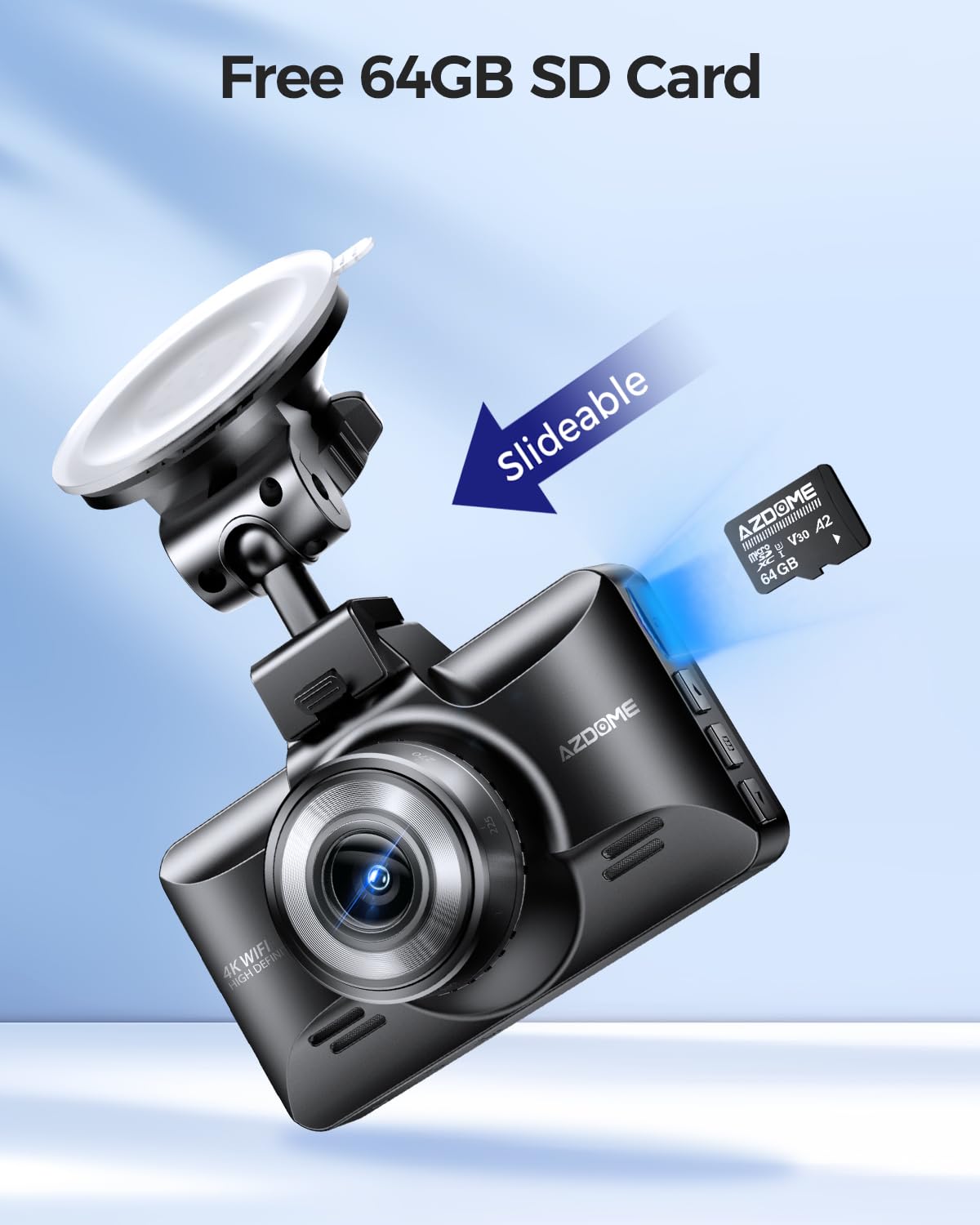 AZDOME Caméra embarquée Avant arrière 4K + 1080P, WiFi 4K, avec Carte SD 64 Go, Double caméra de Voiture avec Super Vision Nocturne, WDR, ADA, Enregistrement en Boucle, accéléromètre, Surveillance du