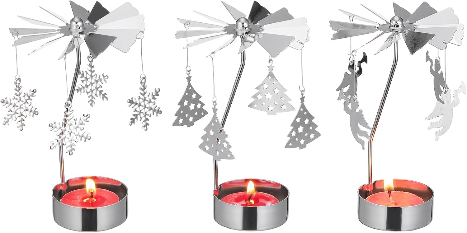 Mobestech 3pcs Christmas Tea Light Holder Metal Snowflake Rotating Candlestick Spinning Angels Tea Lights Candle Votive Candle Holder Set for Christmas Wedding