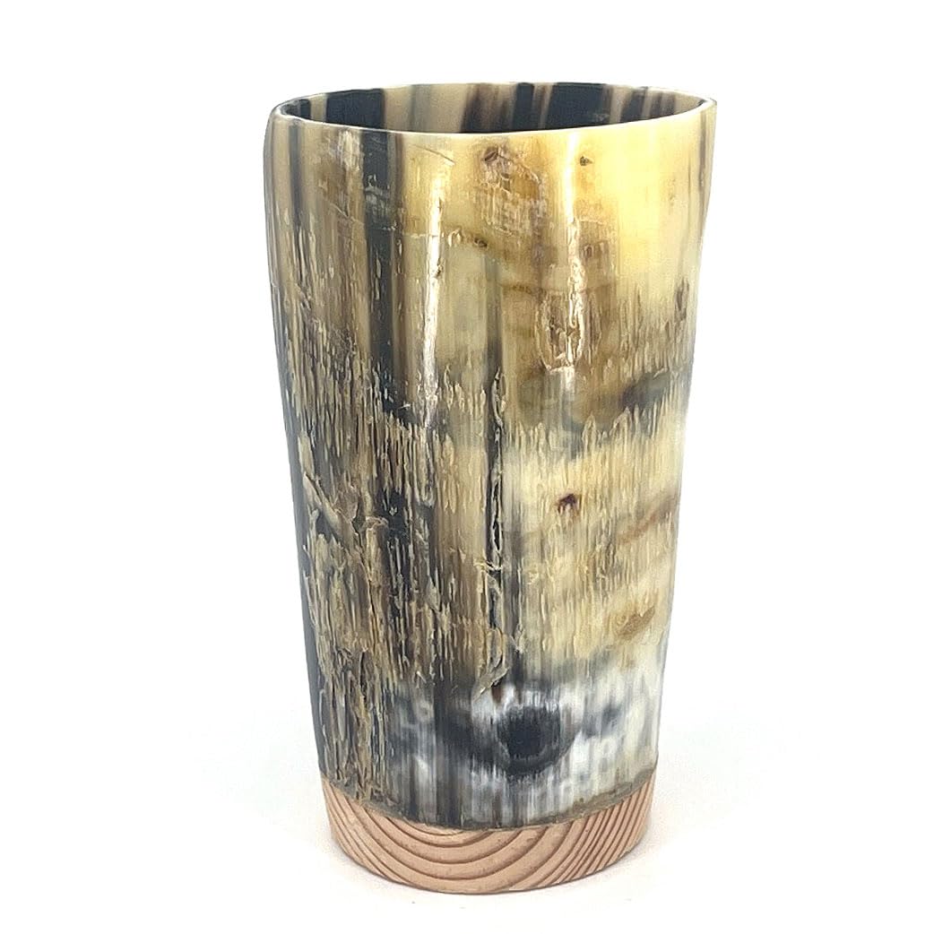HORNCRAFT Ox Horn Beaker Cup | Rough Finish | 5-6 Inches | Holds 200ml - 300ml | Drinking Horn Cup | Genuine Ox Horn | Horn Cup with Wooden Base | Beer Tumbler | Drinking Vessel